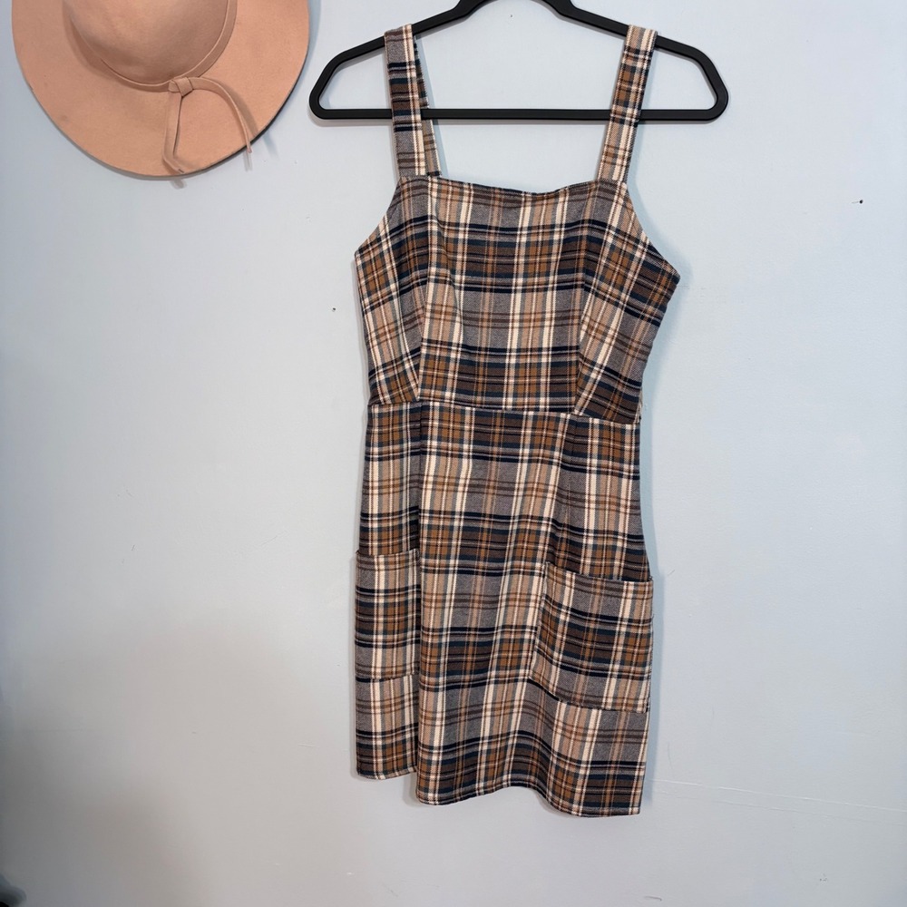 Vintage American Eagle Made in Italy Plaid Pinafore Mini Dress Brown Small